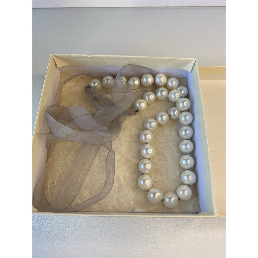 Neiman Marcus Faux Pearl Ribbon Tie Necklace Gray‎ Organza Silk Choker Adj - 38"